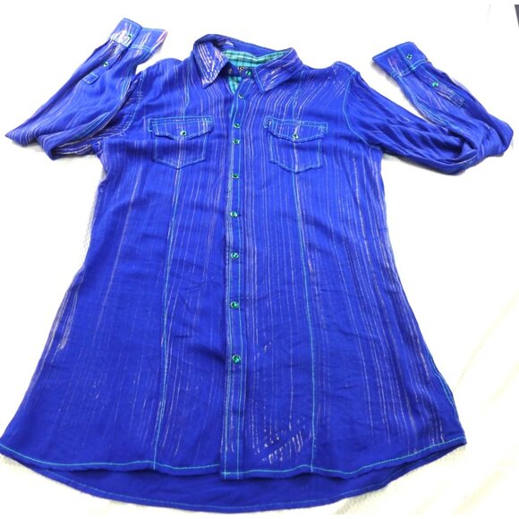 NWT Cowgirl Up Embroidered Yoke Western Jewel Embellished Shirt Blue Pinstripe L - Picture 1 of 14